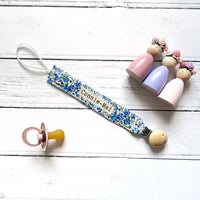 Personalised ditsy blue Dummy Clip